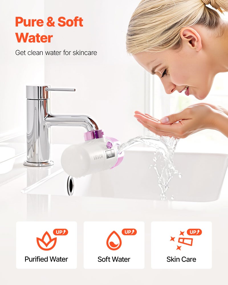 VEVOR Skincare Water Filter, Faucet Mount Water Filters with Micro-Nano Bubble for Skin, Sink Tap Purifier, Removes Chlorine with 1 Filter, for Kitchen and Bathroom Faucets, Pink + Gold - Image 2